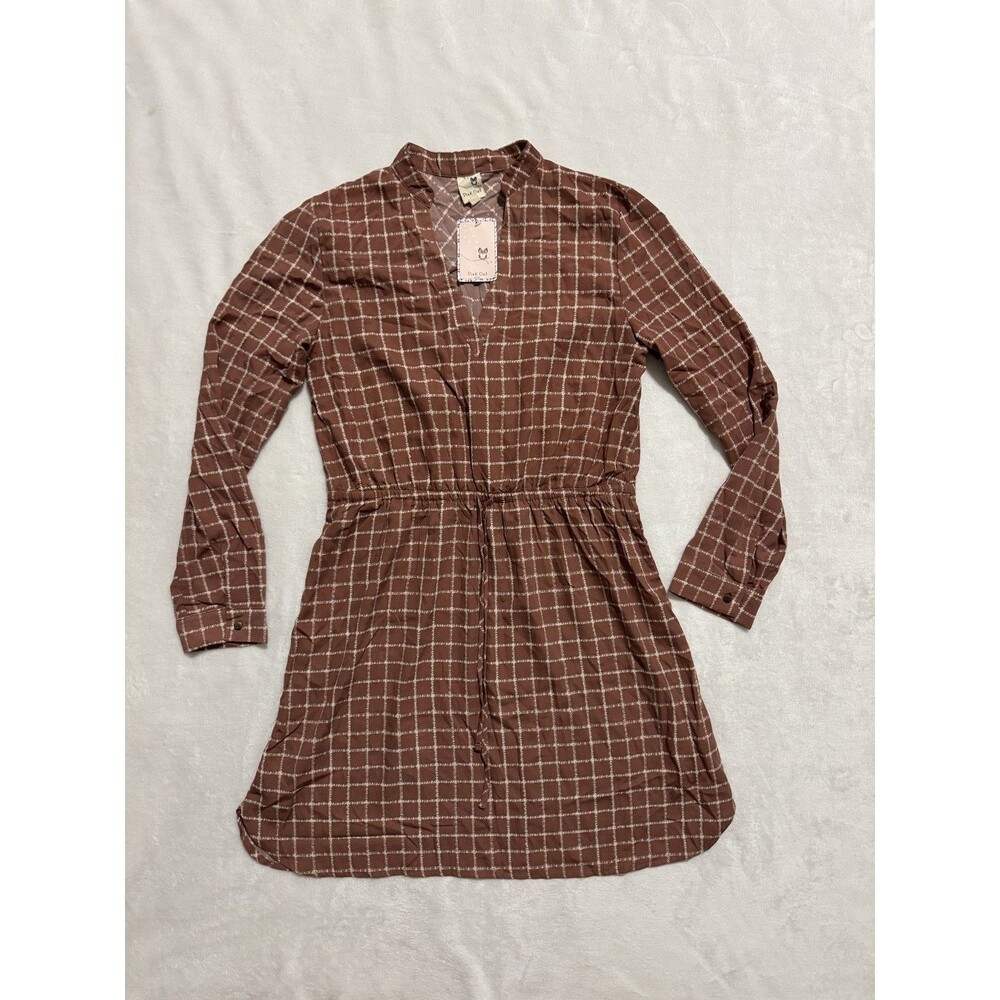 Pink Owl Dress Size Large Checked Drawstring Waist Long Sleeve